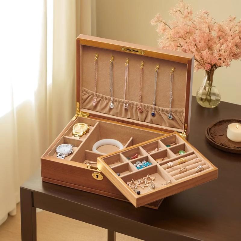 Extra Large Wooden Jewelry Organizer Vintage Jewelry Storage Box with Lock Home Luxury Necklace Rings Pendant Tray Cabinet Gifts