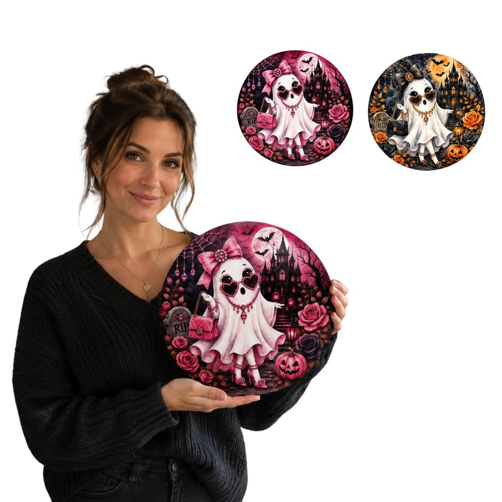 Halloween Ghost Decoration Hanging Ornament Round Shape with Haunted House Pumpkin and Roses Design Suitable for Indoor Outdoor Use