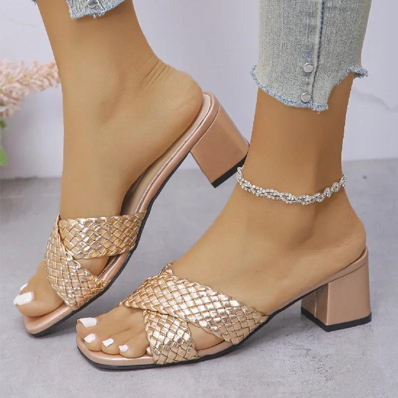 Fashion Summer Women's High Heels Large Size Woven Cross Strap Thick Heel Square Head Sandals Comfortable Breathable Slip-On Shoes
