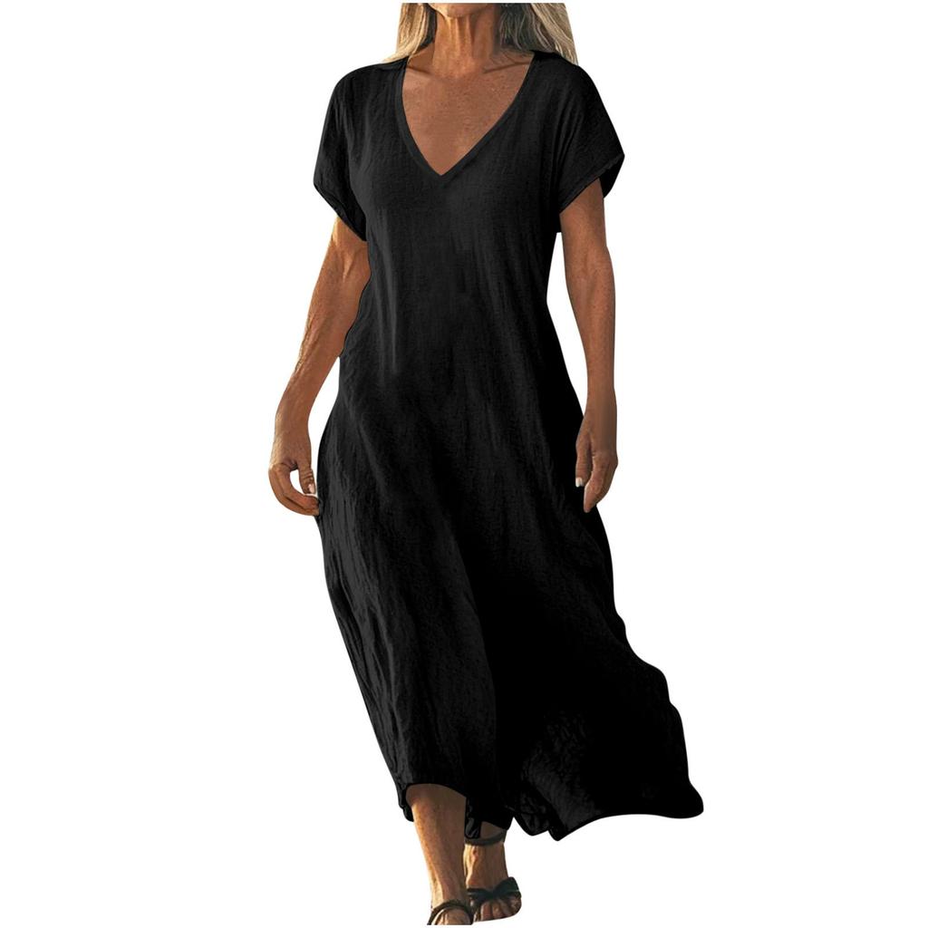 QICED Fashion Summer Spring Solid Color Print Short Sleeve V-Neck Casual Dresses
