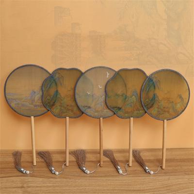 Chinesische Landschaftsmalerei Seidenfächer Vintage Handfächer Halbtransparent Traditioneller Runder Fächer Heimdekoration Ornamente Tanzfächer
