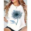 Casual White Short-Sleeve T-Shirt for Women Featuring A Blue Dahlia Flower Print, Designed with A Round Neck and A Loose Fit, Summer Fashion
