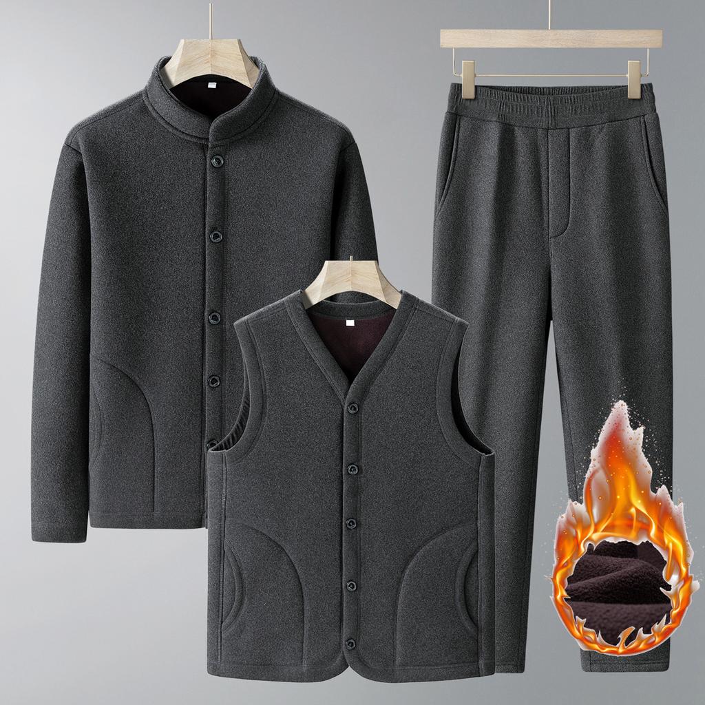 Set of Men's Autumn Sports Jacket with Thick Fleece, Warm and Casual Men's Three Piece Set
