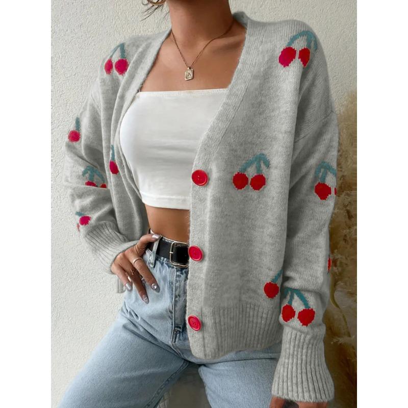 Women S Casual Cherry Pattern Knit Cardigan V Neck Loose Fit Button Detail Sweet Sweater