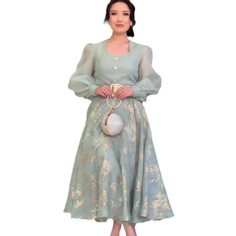 2024 Autumn Women's European & American Fashion Print Square Neck Mesh Swing Dress