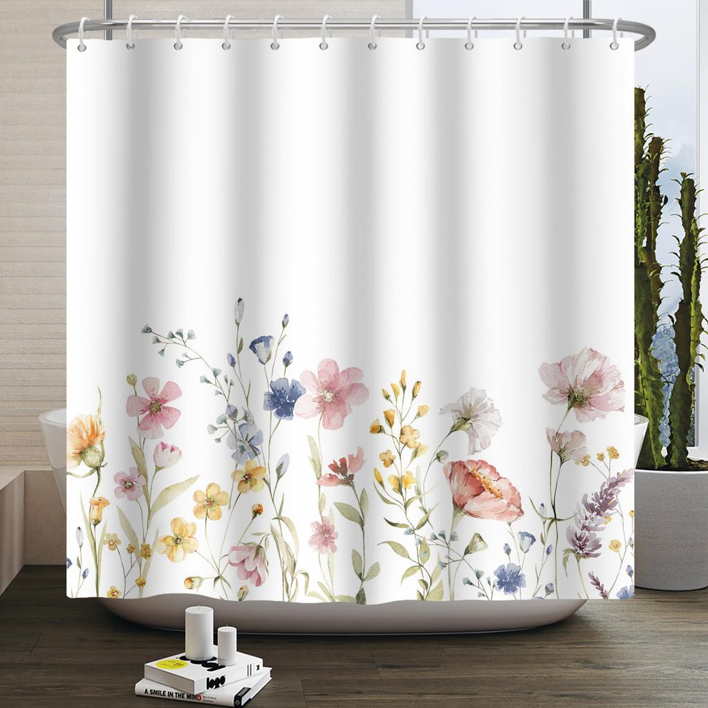 Floral Shower Curtain Flower Butterfly Waterproof Polyester Bathroom Curtain With Hooks Bathtub Screen