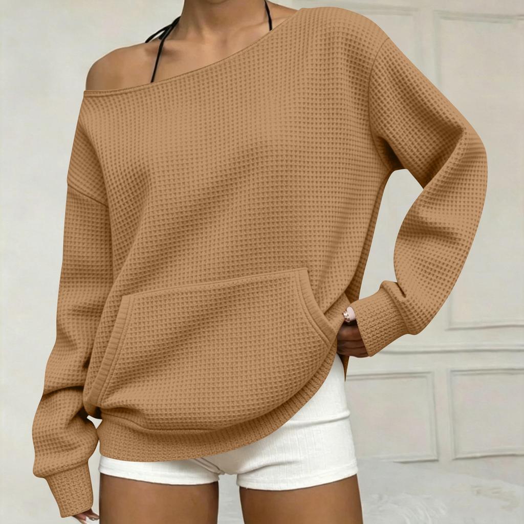 Women's Fashion Casual Off-Shoulder Long Sleeve Knit Sweatshirt with Pockets