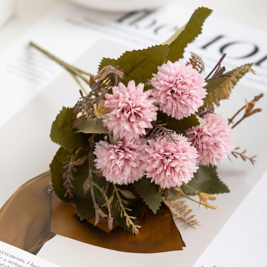 1PC Vintage-style artificial ball chrysanthemum bouquet; table centerpiece; faux flowers for living room; home decor; party decoration.