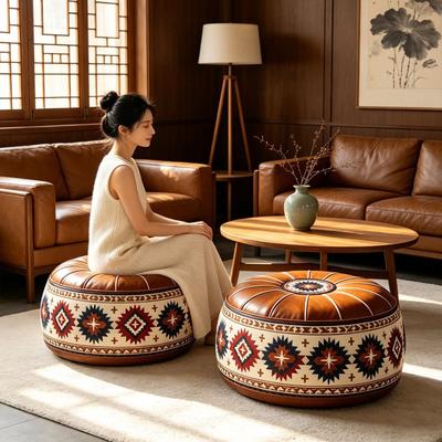 Ungefüllter runder Hockerbezug Boho-Stil Aufbewahrungshocker Kleidersack Wohnzimmer