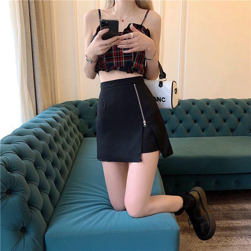 Women's 2024 Summer High-Waist Black Zipper Midi Slit Skirt with Slimming Anti-Exposure Design