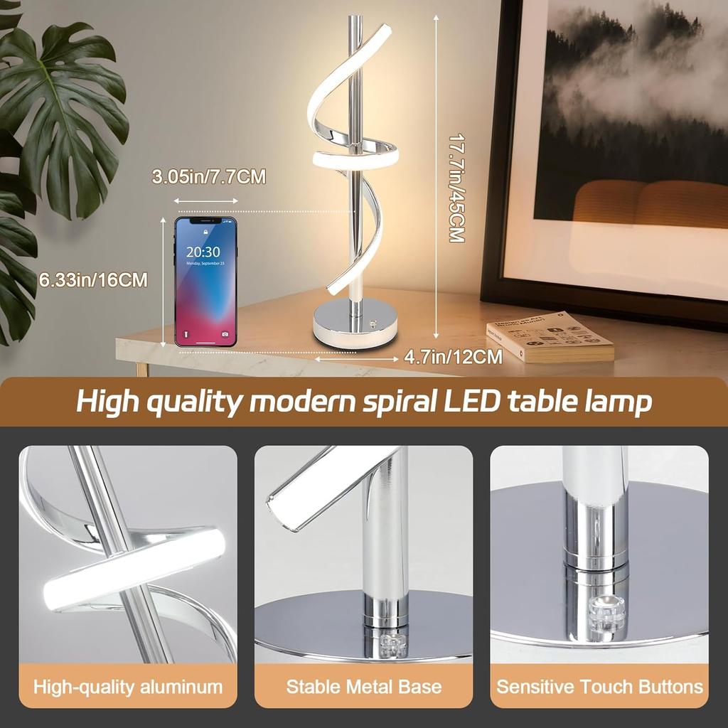 LED Modern Table Lamp, Dimmable Spiral LED Table Lamp, 3 Colors Touch Control LED Bedside Lamp, Silver Unique Cool Lamps for Home Decor, Modern