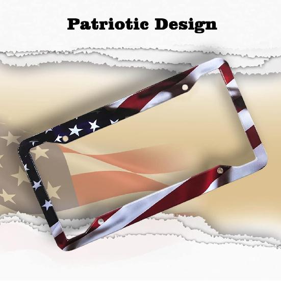 American Flag License Plate Frame Holder - 2 Pack Universal Aluminum Matte Stripe US Flag Gloss Patriotic Car Plate Frame Covers With Free Screws