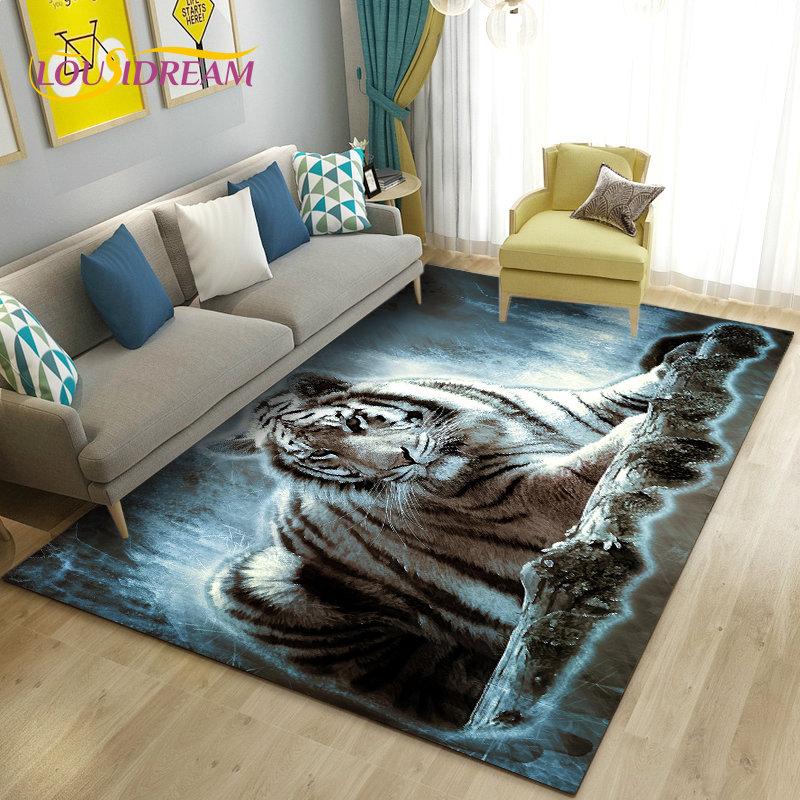 3D White Tiger Lion Leopard Wolf Area Rug,Carpet Rug for Living Room Bedroom Sofa Doormat Decoration,Kid Play Non-slip Floor Mat