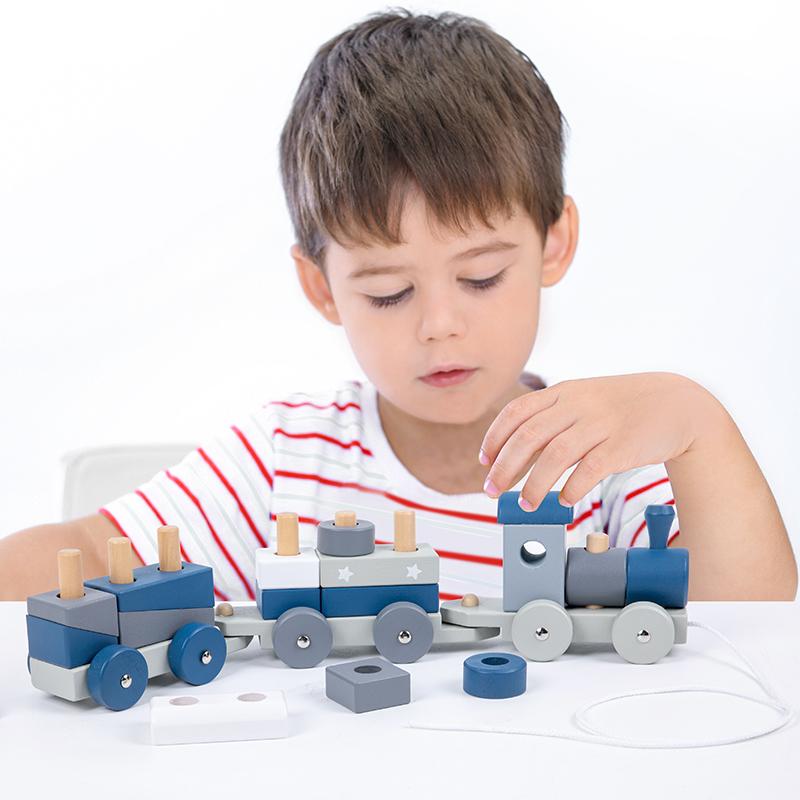 Wooden Montessori Stacking Train Set Educational Toys Shape Sorter Building Blocks Wooden Trolley Baby Learning Toys Gifts