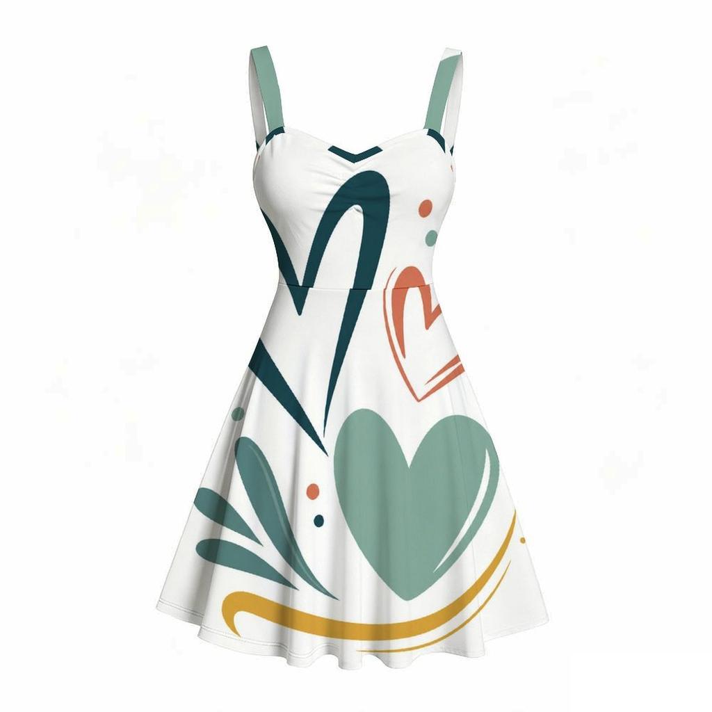 Women Plus Size Spaghetti Strap Off Shoulder Dress Heart Electrocardiogram Botanical Art Print Swing Dress