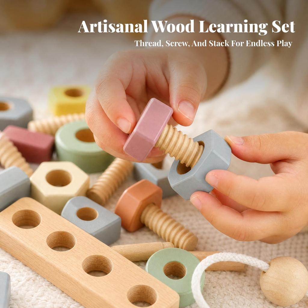 Wooden Nut and Bolt Threading Toy Pastel Colored for Quiet Play, Toddlers