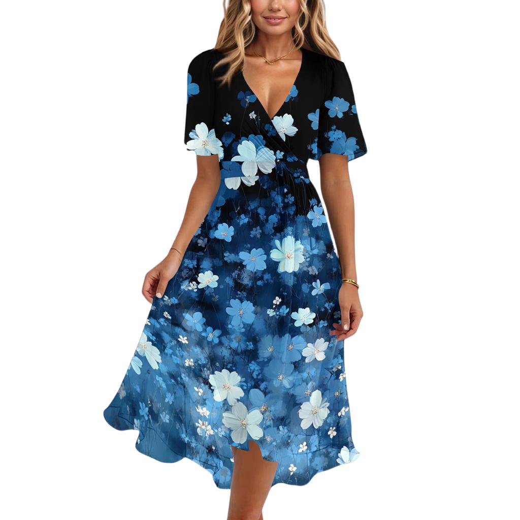 Womens Casual V Neck Short Sleeve Floral Print Midi Dress Vintage Style Lightweight Soft Fabric Flowing Skirt for Daily Wear