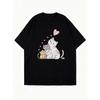 Cute Cat Family Print Oversized T-Shirt Black With Heart And Cats Design For Casual Wear And Everyday Outfits