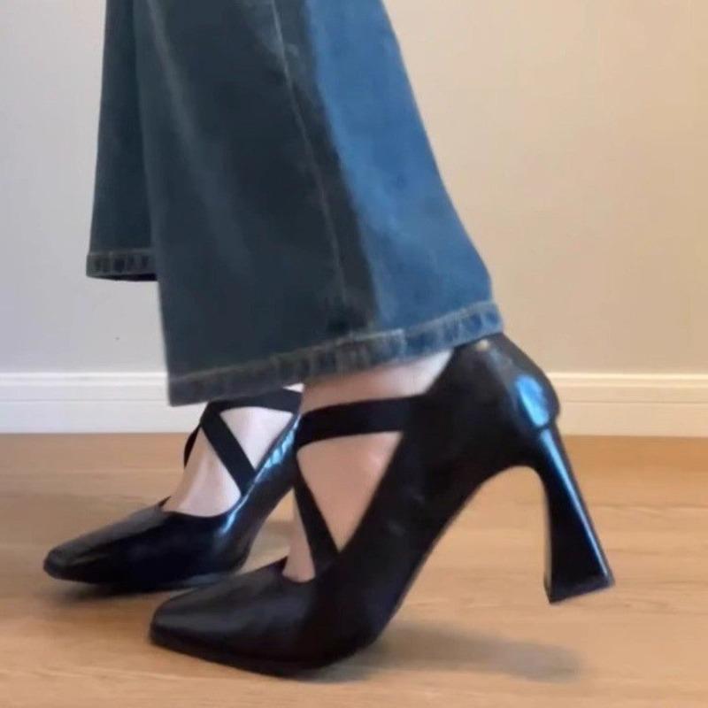 2025 Spring And Summer New Cross Elastic Band Retro Thick Heel Mary Jane One Foot High Heels Women Singles Pointed Ballet Shoes