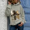Women Hood  Cat Printing Long Sleeves Pullover Blouses Sweatshirt Tops