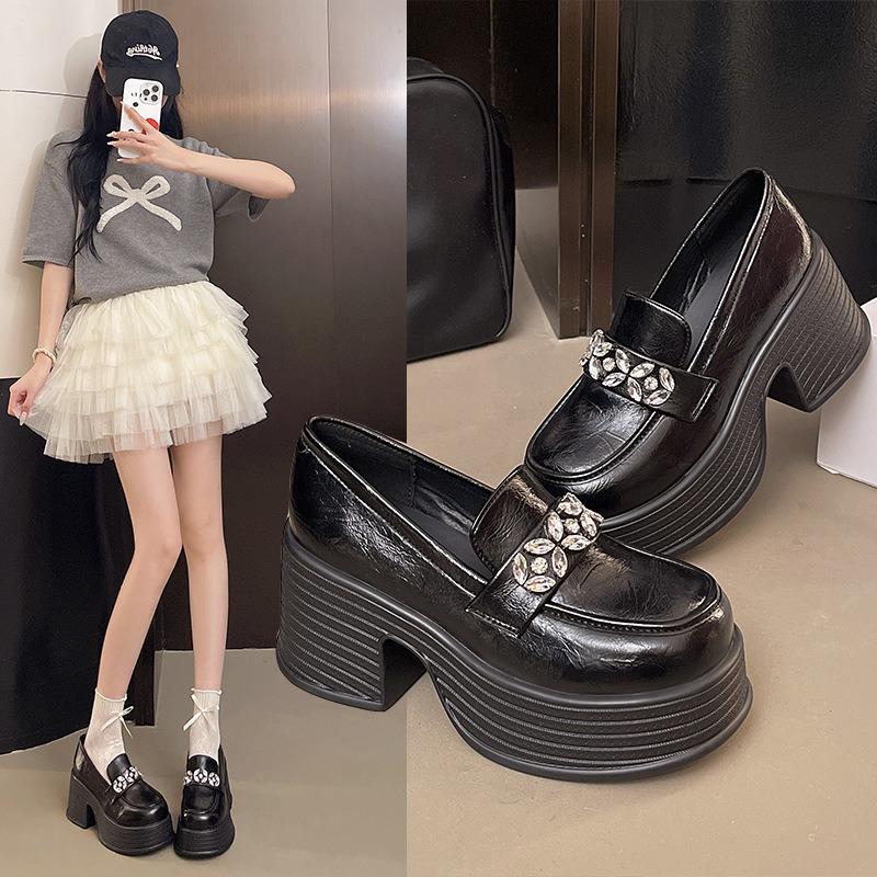 

Small high heels spring new leather square head rhinestone single shoes platform thick heel fashionable versatile shoes 39