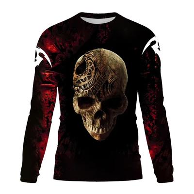 Horror Street Skull Men's T-shirt Long Sleeve Skull Print T Shirt For Men Horror Clothing Oversized Tee Top Streetwear