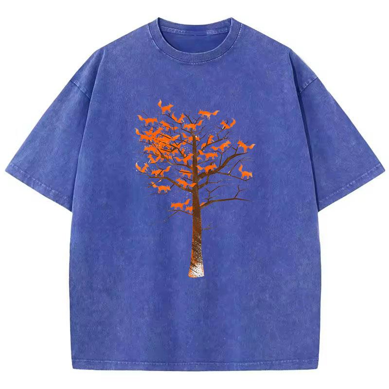 Summer T Shirt Vintage Washed Cotton T-Shirt Japanese Style Cat Climb Tree Graphic Tee Casual Streetwear Spring