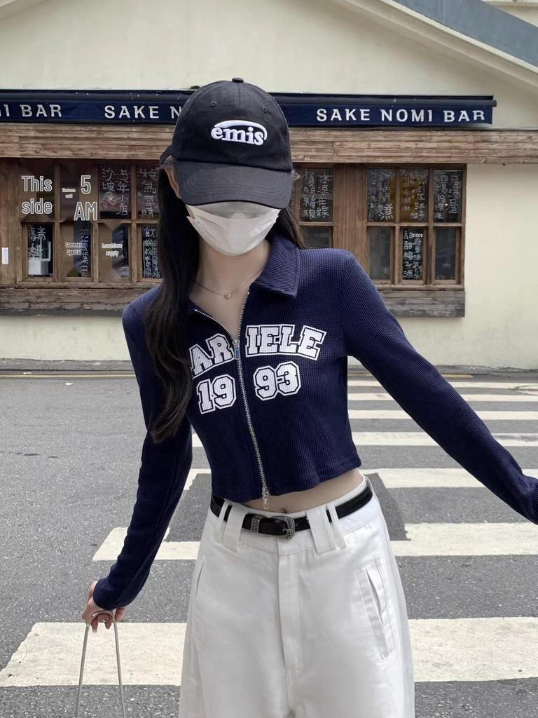 American Retro Hot Girl Double Zipper Cropped Top - Slim Fit Printed T-Shirt for Early Autumn