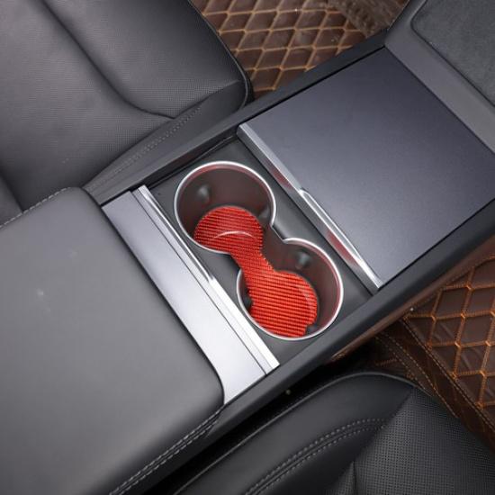 Red Carbon Fiber Center Cup Holder Water Mat Trim Sticker for Tesla Model 3 23+