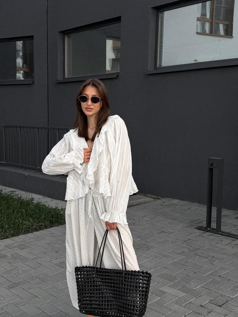 European and American Design Sense White Jacquard V-neck Shirt 1116 Autumn Cotton Long-sleeved Retro Loose Casual Women's Top