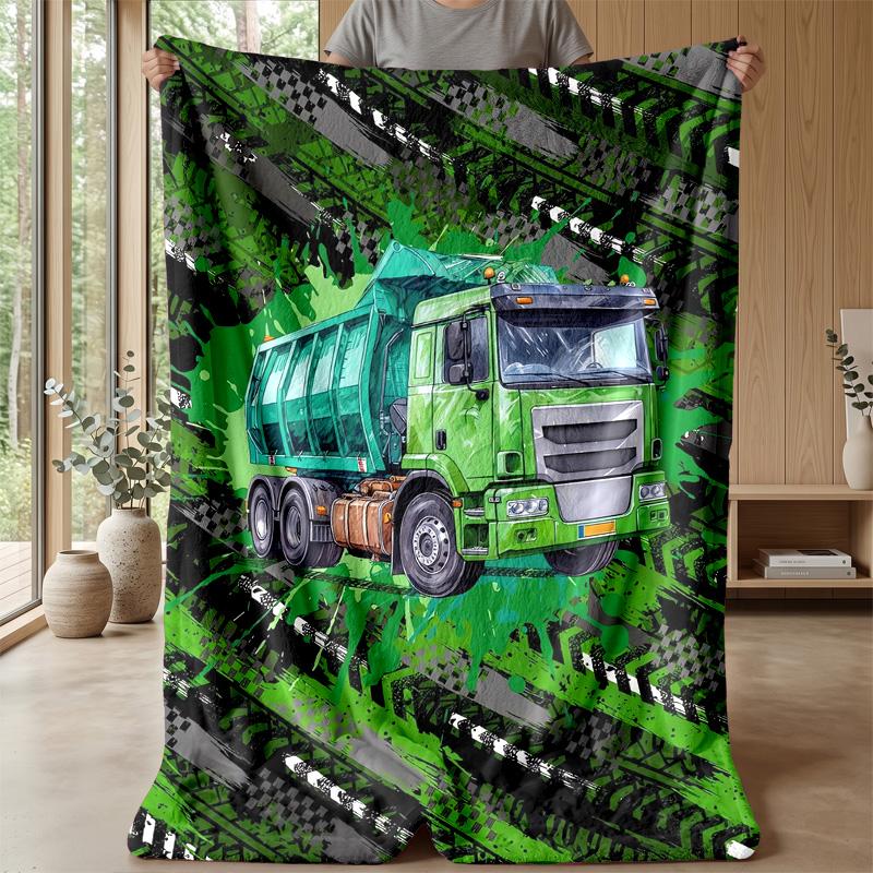 Green Garbage Truck Theme Blanket Lightweight Warm Flannel Blanket Decorative Throw Blanket for Home Decoration
