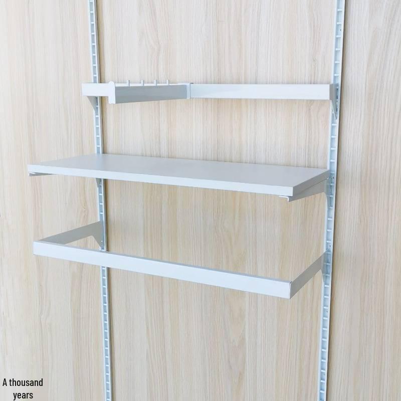 Black & White Clothing Store Stainless Steel Wall-Mounted Display Rack with Side Hooks and Shelving Brackets