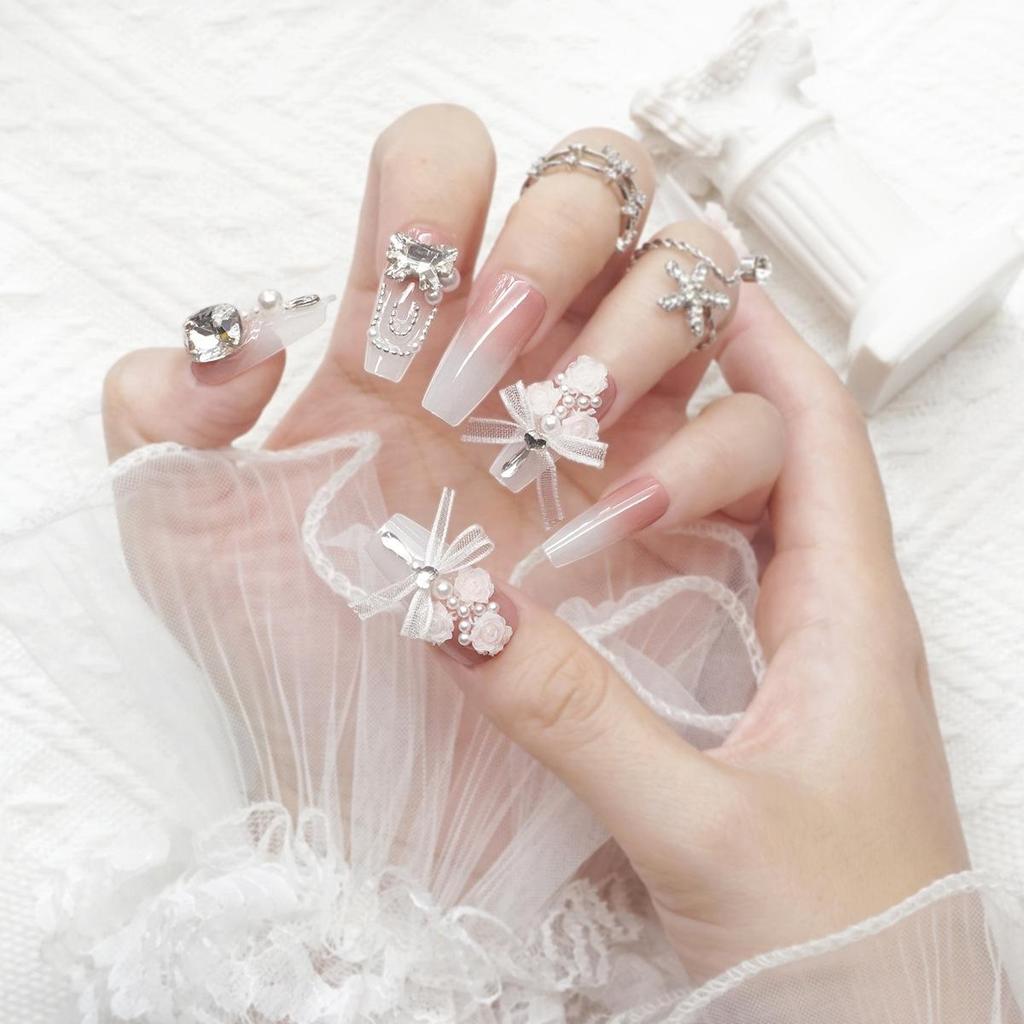 24-Piece Pink Gradient 3D Flower Bow Nails: High-Value Whitening Manicure Set