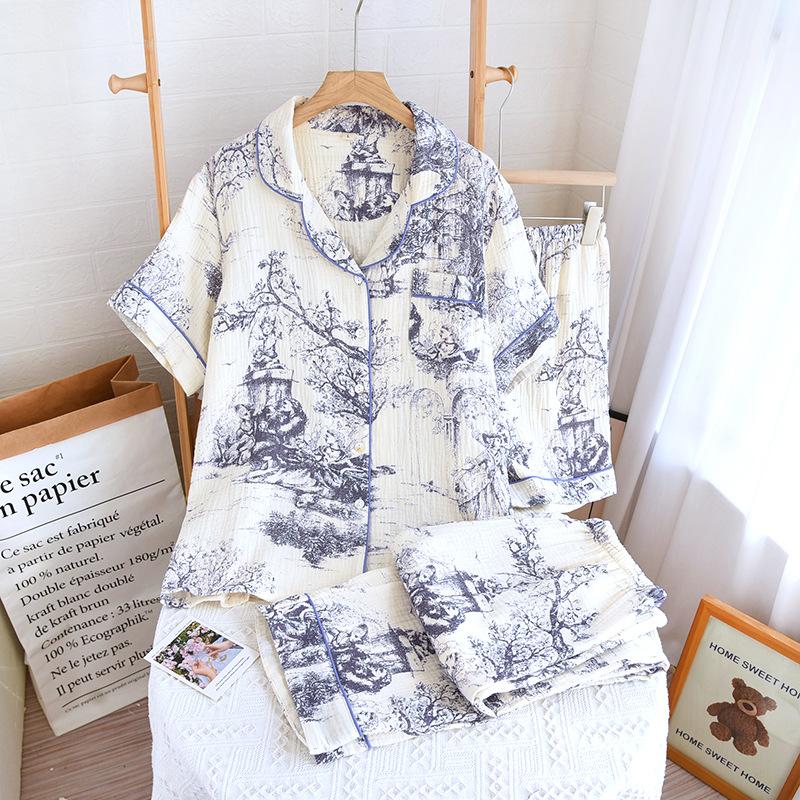 Pajamas women's spring and summer new pure cotton floral short-sleeved cardigan set Korean sweet lapel double-layer yarn loungewear