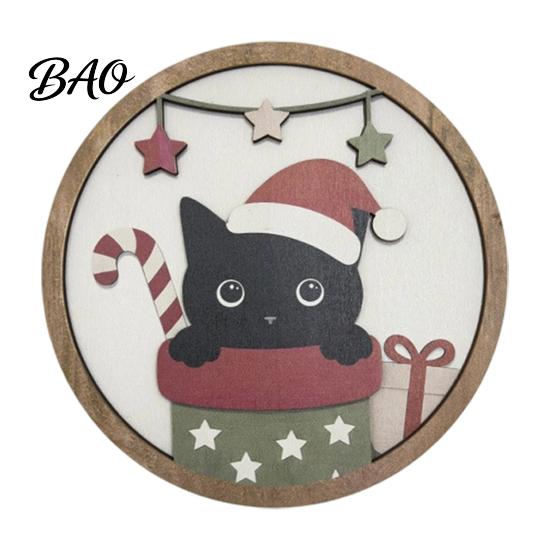 Creative Wall Layout Christmas Black Cat Decor, Layered Wooden Hanging Sign, Round 2D Art Decor Flat Decoration for Living Room Bedroom And Hall Porch