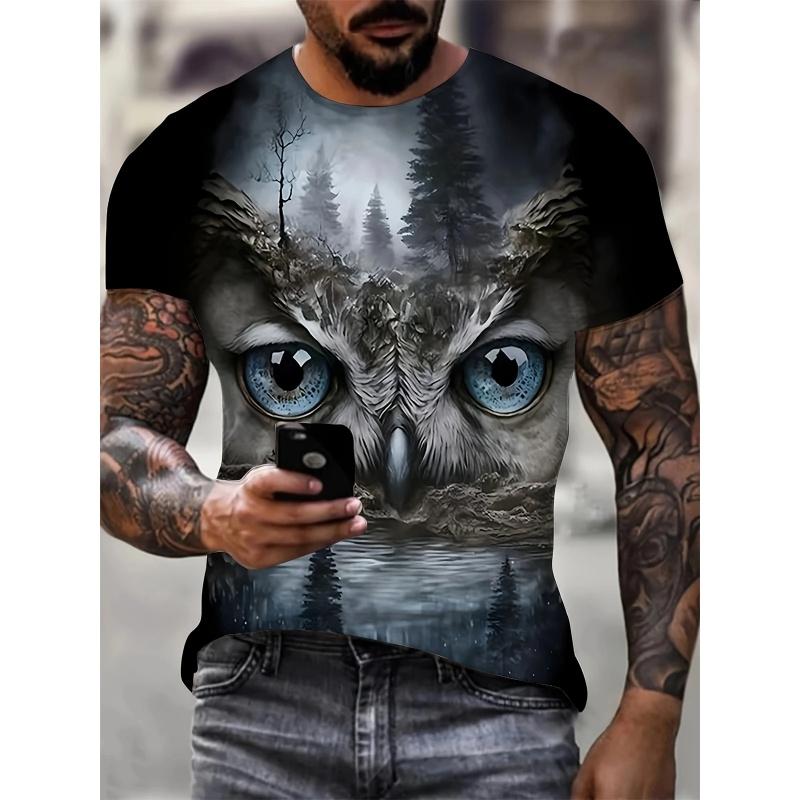 3D Print Colorful Cool Owl T Shirt for Men Fun Animal Pattern Short-Sleeved Tees Harajuku Streetwear Tops O-Neck T-Shirt