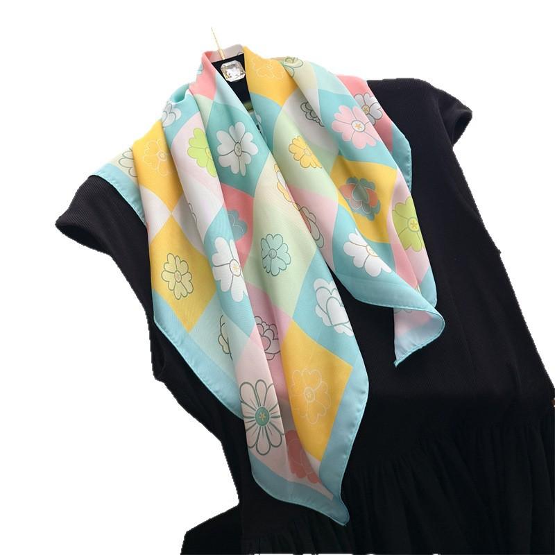 Literary Floral Simulation Silk Printing Silk Scarf Small Square Scarf High-end Shawl Sunscreen Neck Scarf Headscarf Scarf Women