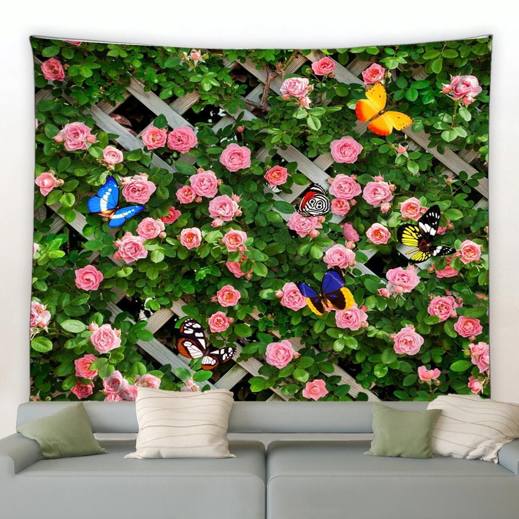 Spring Butterfly Flowers Tapestry Retro Wooden Fence Nature Pink Rose Plants Floral Wall Hanging Garden Home Decor Scenery Cloth