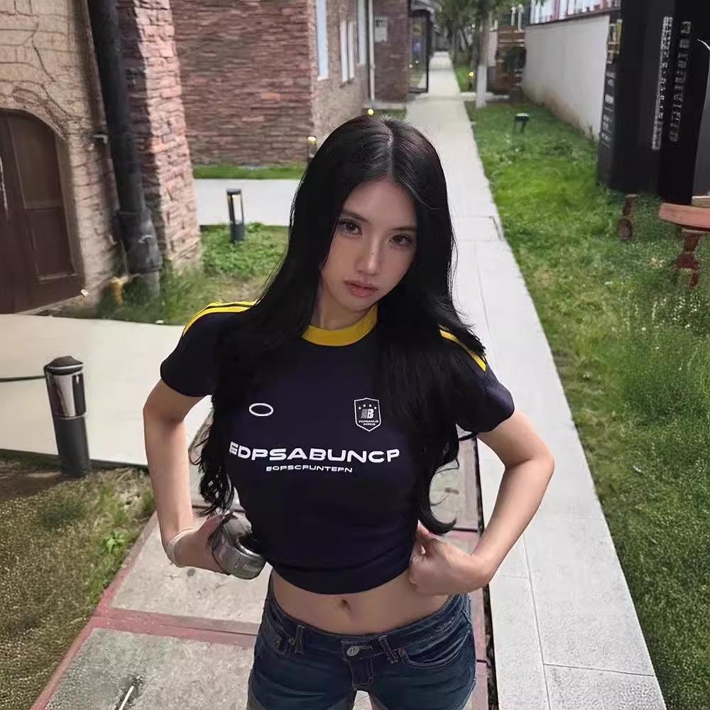 Women's Retro Color Block Raglan T-Shirt - Y2K Slimming Short Sleeve Cropped Top