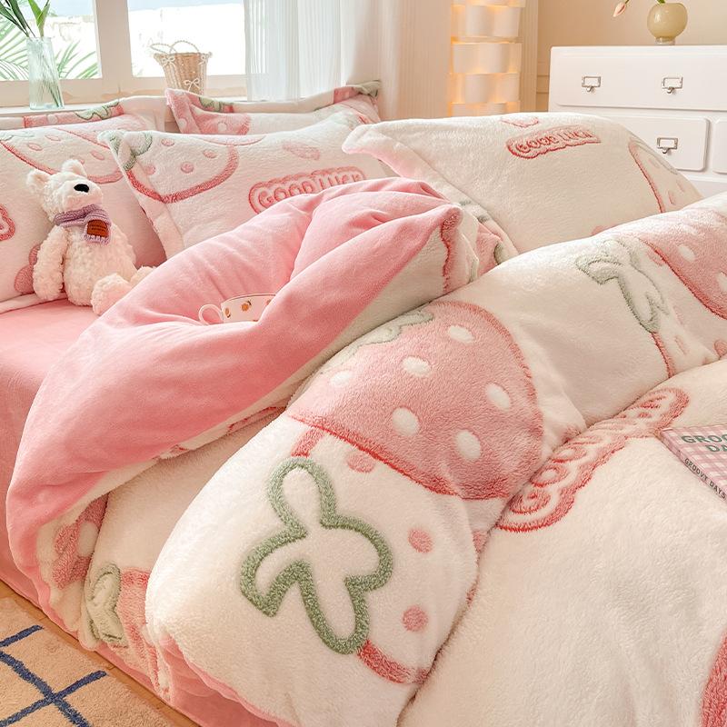 Warm Snowflake Fleece Four-piece Set, Double-sided Fleece Thickened Milk Fleece Bed Sheet Three-piece Set