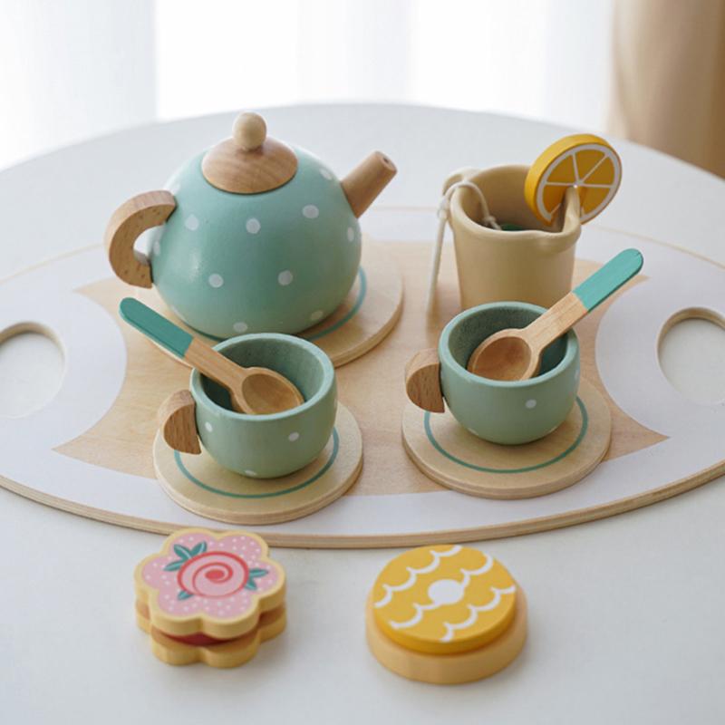 Wooden Afternoon Tea Set Toy Pretend Play Kitchen Accessories Tea Party Food Toys Playset for Toddlers Girls Boys Kids Gifts
