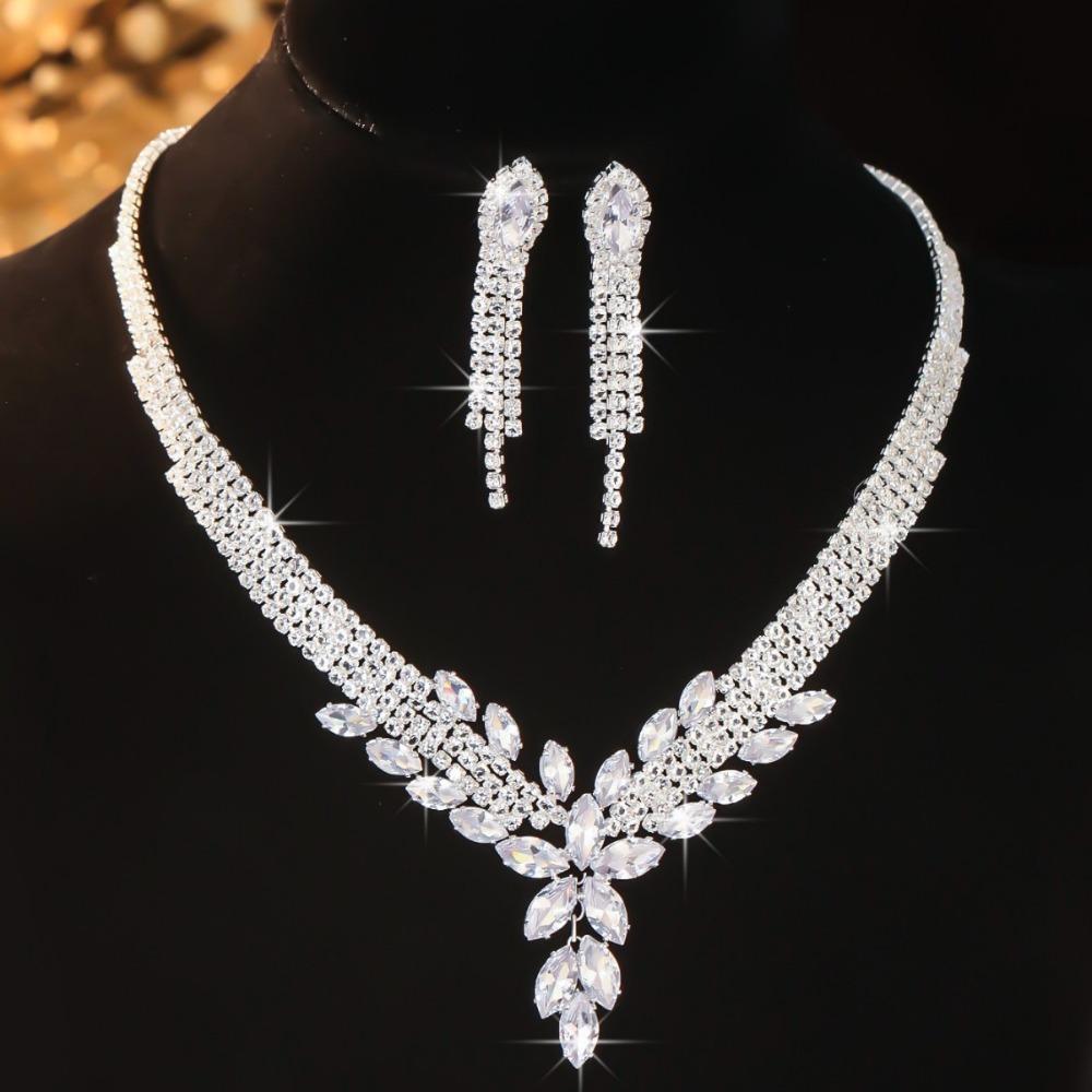 Zircon Bridal Jewelry Set Elegant Rhinestone Necklace Vintage Necklace Earring Set  Bridal