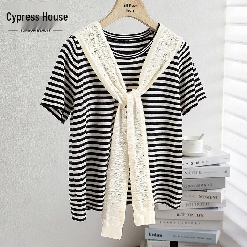 Women s Color-block Stripe Short-Sleeve Knitted Top S