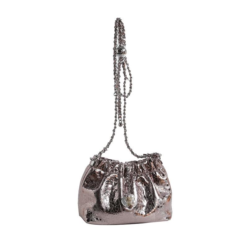IELGY Women's Glossy Folded Niche Shoulder Chain Crossbody Bucket Bag