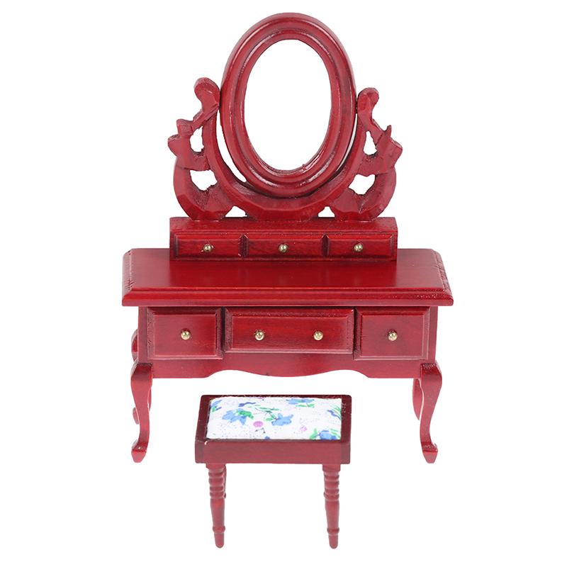 1:12 Dollhouse Toilet Table High Simulation Wooden Miniature Dressing Table with Mirror for Doll House Bedroom Furniture Decor