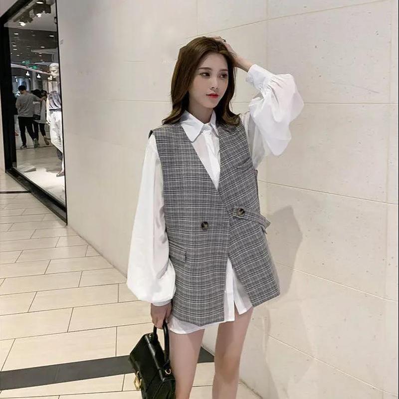 

Темперамент, маленький жилет с ароматным ветром, женский клетчатый костюм, жилет, куртка, повседневный свободный жилет на одной пуговице с v-образным вырезом, сладкий ветер S
