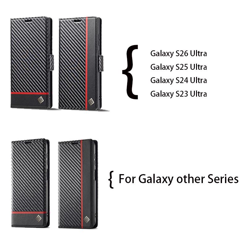 EUCAGR Carbon Fiber Flip Magnet PU Leather Wallet Phone Case for Samsung S26 Ultra S25 S24 S23 S22 S21 S20 S10 S9 S8 Plus Cover