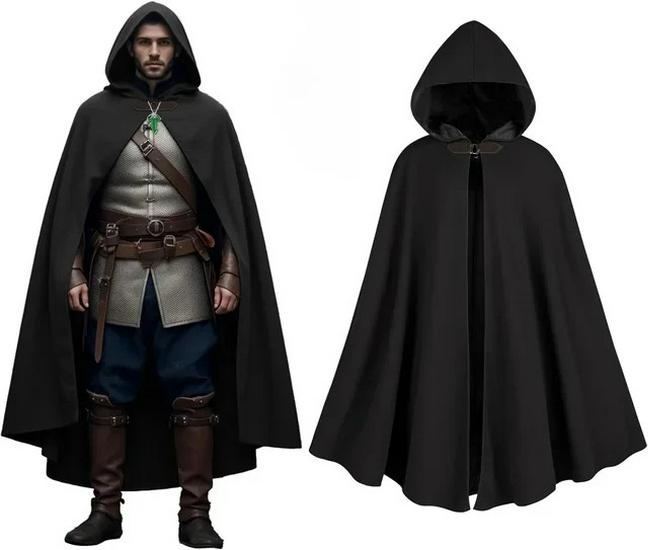 Medieval Hooded Cloak with Round Buckle and Green Leaf Brooch Necklace