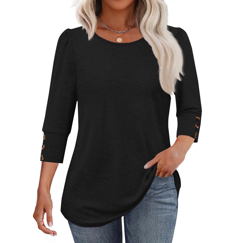 Women's Fashion Casual Solid Color Round Neck Seven-quarter Sleeve T-shirt Top