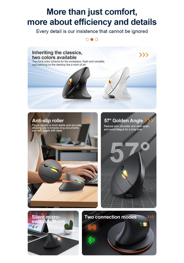 In Stock Bluetooth Dual Mode Right-Hand Vertical Ergonomic Wireless Mouse, Silent & Rechargeable - Fifth Generation
